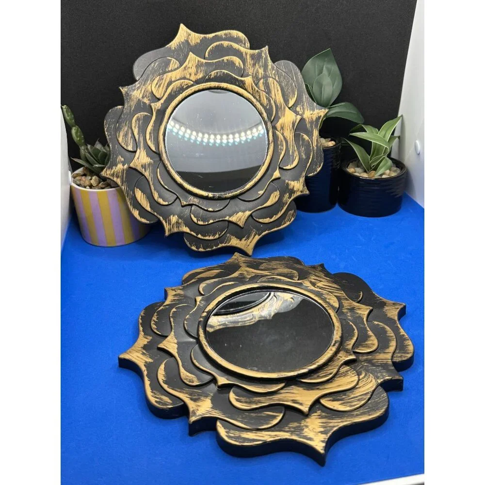 Decorative Lotus Mandala Wall Mirror Set Black & Gold Distressed Finish